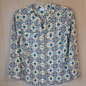 Kim Rogers Women's S Button Down Blouse Light Yellow With Multi Color Pattern